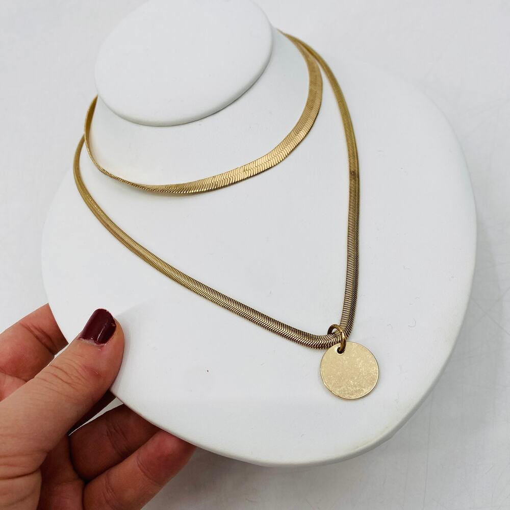 Gold Tone flat chain layered medallion necklace